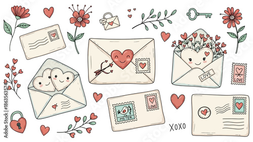 Collection of Illustrated Love Letters and Envelopes with Hearts and Flowers