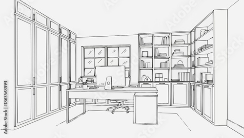Modern Office Interior Design Sketch with Desk and Shelving.