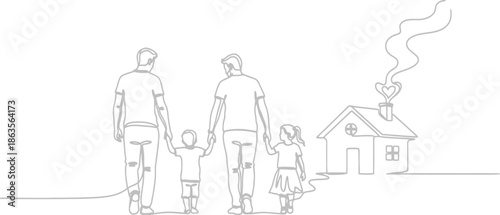 Happy gay couple holding hands with children walking towards home