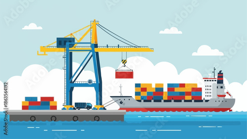 Container ship being loaded by a large crane at a busy port.