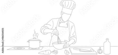 Chef preparing meal in kitchen with cooking utensils