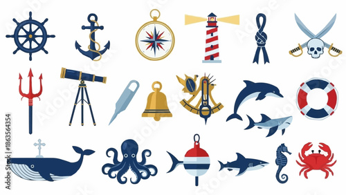 Nautical Icons Collection Sea Life and Maritime Symbols.