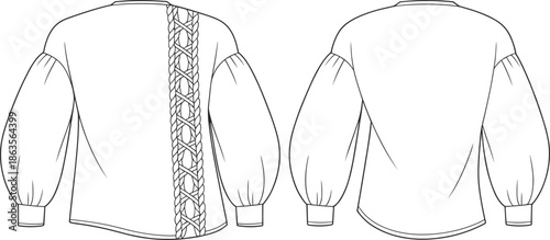 Women, blouse, braided, back, panel, technical, fashion, flat, vector, illustration, long, puff, sleeves, front, and, back, view, apparel, cad, drawing