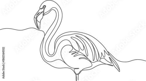 Simple line drawing of a flamingo standing in water