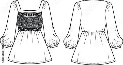 Women, square, neck, blouse, smocked, embroidered, bodice, technical, fashion, flat, vector, illustration, puff, sleeves, front, and, back, view, cad, drawing