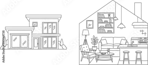 Modern house exterior and interior design illustration