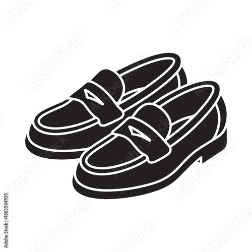 A monochrome illustration depicting a pair of classic black leather loafers in a stylish arrangement
