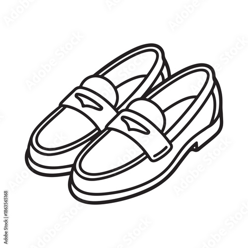 A black and white illustration depicting a pair of classic leather loafers with decorative straps