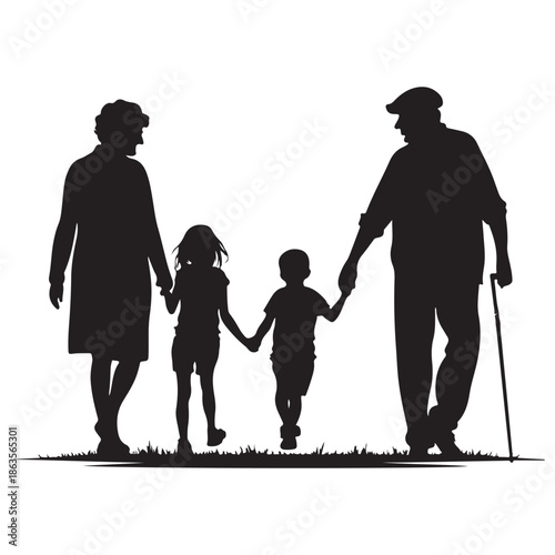 Elderly couple walking with children in a heartwarming family moment
