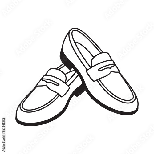 A black and white illustration depicting a pair of classic leather loafers