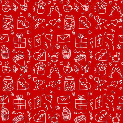 Seamless Valentine’s Day doodle pattern featuring hand-drawn romantic elements such as hearts, love letters, envelopes, gift boxes, flowers, bouquets, cupcakes, coffee cups, champagne glasses, rings