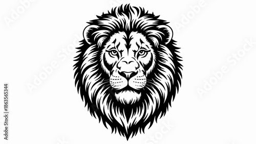 Detailed black and white engraving style portrait of a majestic lion head with a large mane, suitable for emblem use.