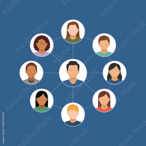 Diverse group of people connected in a network connections teamwork vector illustration isolated on sky blue background.