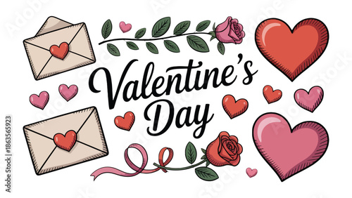 Valentine's Day Composition: Expressing affection with hearts, roses, and love letters. This delightful illustration celebrates love and romance through classic symbols of Valentine's Day.