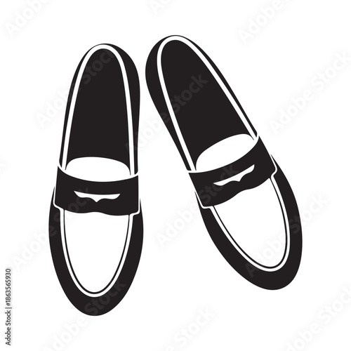 A pair of black and white loafers shown from a top down perspective isolated on white