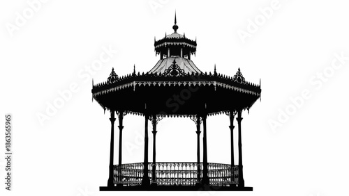 Ornate Victorian Gazebo Silhouette on White Background.