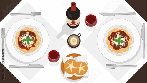 Romantic Dinner For Two With Spaghetti And Wine.