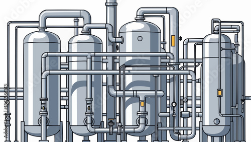 Industrial chemical processing plant with complex piping system.