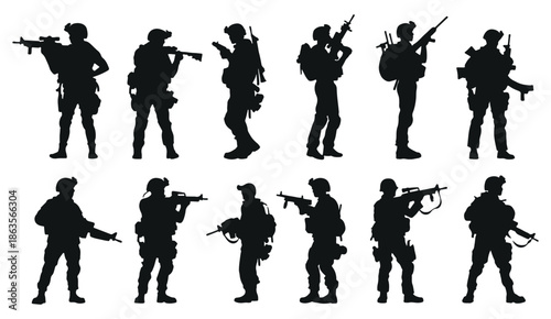 Military Soldier Silhouette Collection Set, Army Combat Fighter Illustration, Black Armed Forces Graphic Design, War Battle Troop Elements, Patriotic Defense Icon Bundle, Tactical Warfare Clipart Art,