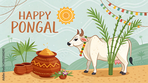  illustration of happy pongal greeting background with cow and sugar canes
