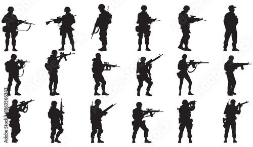 Military Soldier Silhouette Collection Set, Army Combat Fighter Illustration, Black Armed Forces Graphic Design, War Battle Troop Elements, Patriotic Defense Icon Bundle, Tactical Warfare Clipart Art,