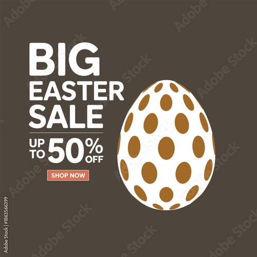 Easter sale advertisement with large white and brown egg easter egg discount shopping vector illustration.