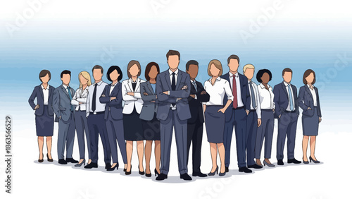 A diverse group of business professionals standing together in a confident formation, showcasing teamwork and leadership.