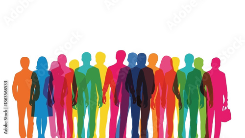 A diverse group of people standing together, depicted in a vibrant spectrum of colorful silhouettes against a white background.