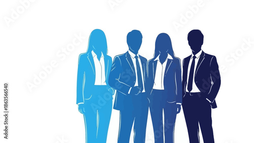 A group of four business professionals standing together in silhouette, representing teamwork and corporate success.