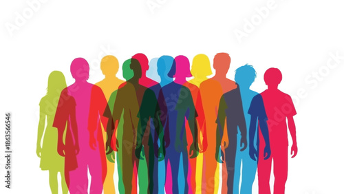 A diverse group of people represented by overlapping colorful silhouettes against a white background.