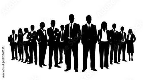 A diverse group of business professionals standing together in a unified formation, showcasing teamwork and leadership.