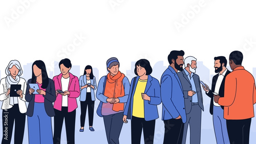 A diverse group of people of various ages and ethnicities are standing and interacting in an outdoor setting.