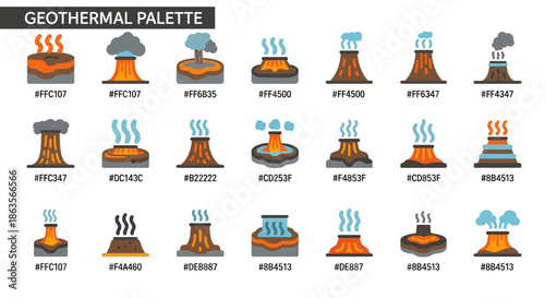 A Vibrant Geothermal Palette of Volcanic Icons Depicting Energy with Color Codes