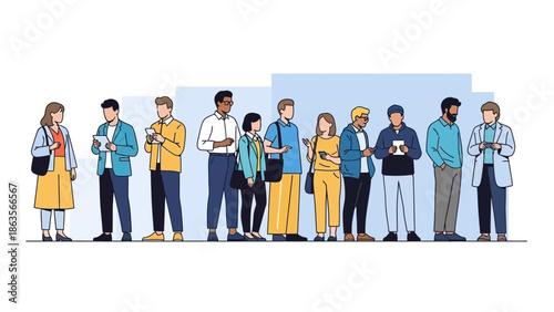 A diverse group of people of various ages and ethnicities stand in a line, each holding a smartphone and looking at it.