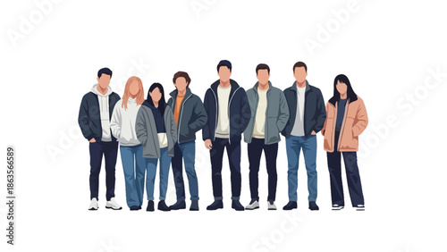 A diverse group of nine young adults, both male and female, stand together in a line, dressed in casual winter clothing like jackets and hoodies.