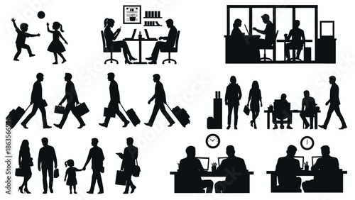 Collection of silhouette illustrations depicting various human activities and scenarios, including work, travel, and leisure.