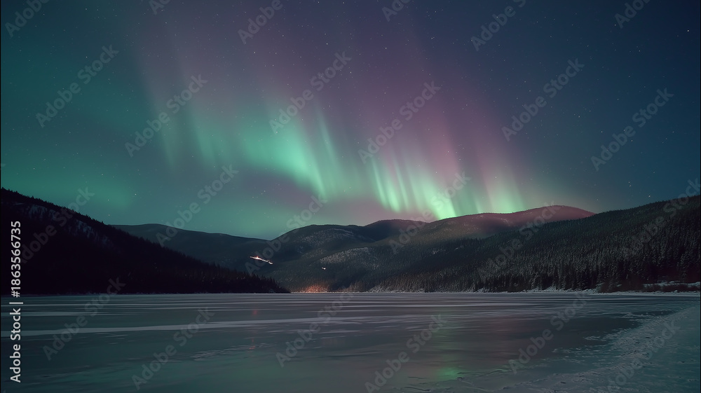 Naklejka premium A northern lights landscape over mountains and frozen lake illustrating natural phenomenon energy and atmospheric science concept. 