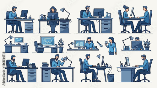 A collection of diverse illustrations depicting people working at desks with computers in an office setting.