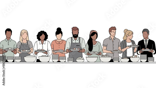 A diverse group of people standing in a line, serving themselves food from a buffet or cafeteria setting.