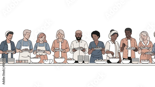 A diverse group of people of various ages and ethnicities standing in a line, serving themselves food from bowls on a counter.