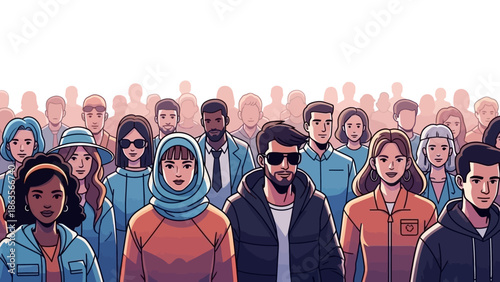 A diverse group of people with various styles and ethnicities are gathered together, looking forward.