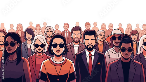 A diverse group of people wearing sunglasses, standing together in a crowd.