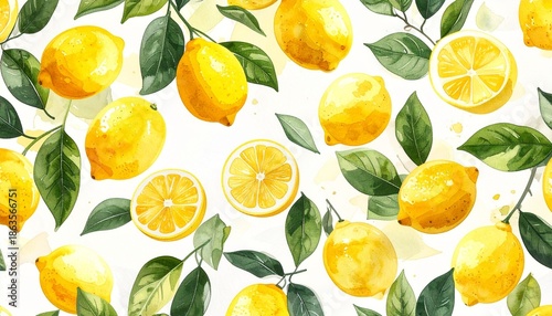 Watercolor Lemons and Green Leaves Pattern on White Background