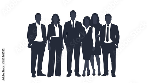 A diverse group of business professionals standing together in a unified stance, showcasing teamwork and collaboration.