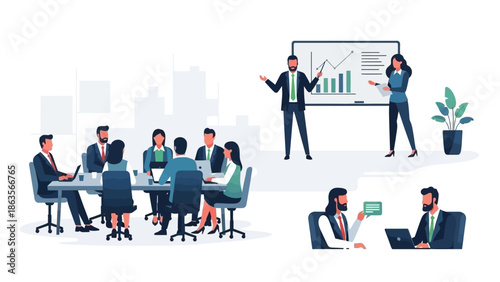 A diverse group of professionals collaborating in a modern office setting, featuring a boardroom meeting, a presentation, and one-on-one discussions.