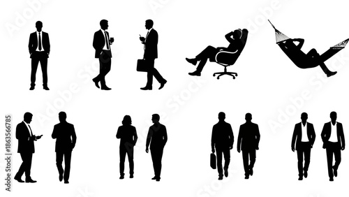 Collection of black and white silhouettes of people in various business and leisure activities.