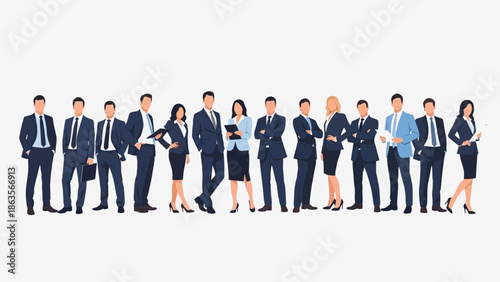 A diverse group of business professionals, both men and women, stand in a line against a white background.