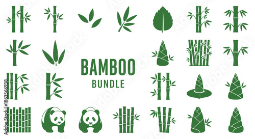 Collection of green bamboo vector silhouettes offering various graphic resources featuring panda