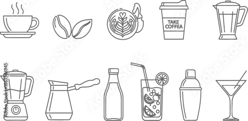 Collection of coffee and beverage icons in simple line art style