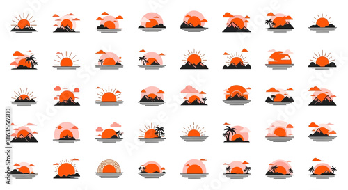 Collection of modern minimalistic sunset landscape vector illustrations in orange black and white